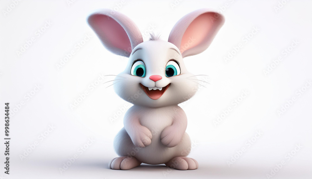 Simple fat cute kawaii soft fluffy cartoon easter bunny with eyebrows, pink ears cheeks stands in funny dancing pose, raises his hands up in joy. Lovely adorable pet. 3d render isolated white backdrop Simple fat cute kawaii soft fluffy cartoon easter bunny with eyebrows, pink ears cheeks stands in funny dancing pose, raises his hands up in joy. Lovely adorable pet. 3d render isolated white backdrop