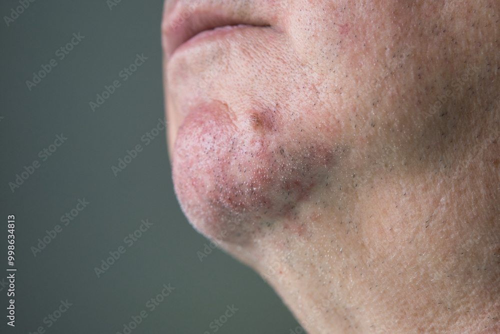 Fototapeta premium A man face chin is having red skin rashes or skin problem