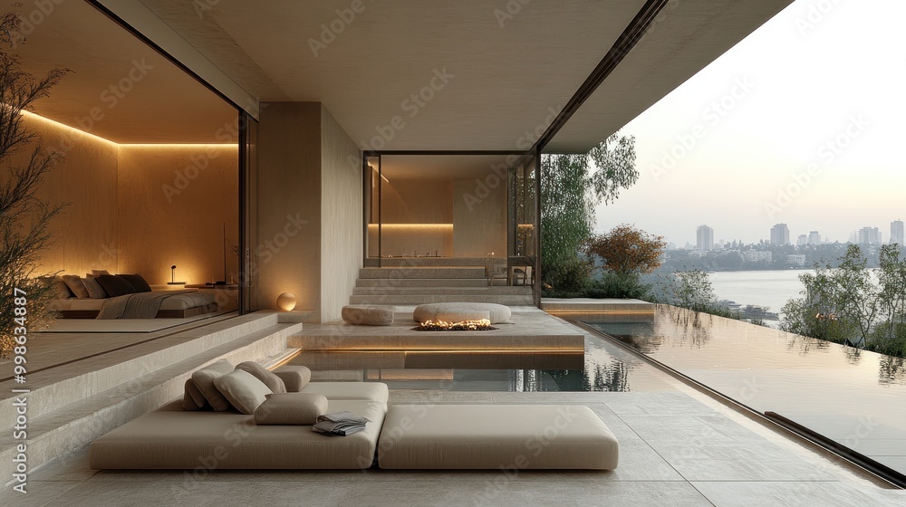 Modern minimalist living space with serene outdoor pool view. Modern minimalist living space with serene outdoor pool view.