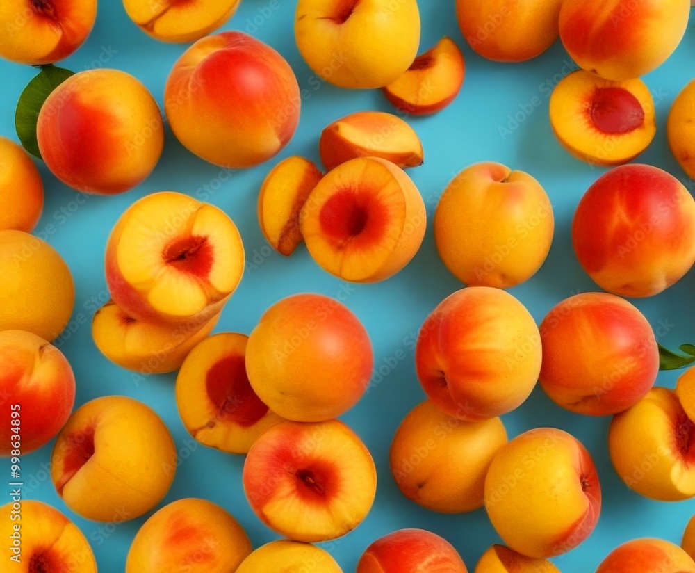 A vibrant arrangement of fresh peaches, with some halved and others whole, is displayed against a blue background A vibrant arrangement of fresh peaches, with some halved and others whole, is displayed against a blue background