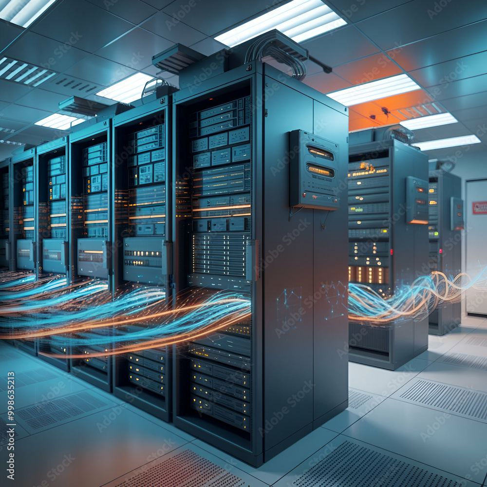 A data center storage room with multiple servers A data center storage room with multiple servers
