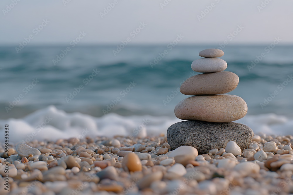 Fototapeta premium stones and rocks stacked on each other on the beach with sea in the background, representing balance and harmony