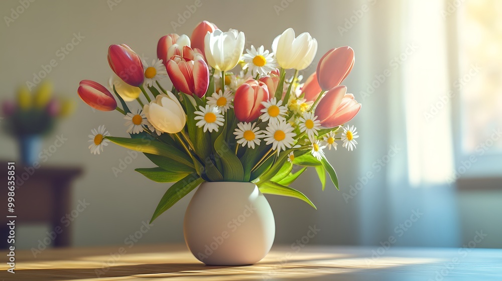 Beautiful Bouquet of Tulips and Daisies in a White Vase Beautiful Bouquet of Tulips and Daisies in a White Vase