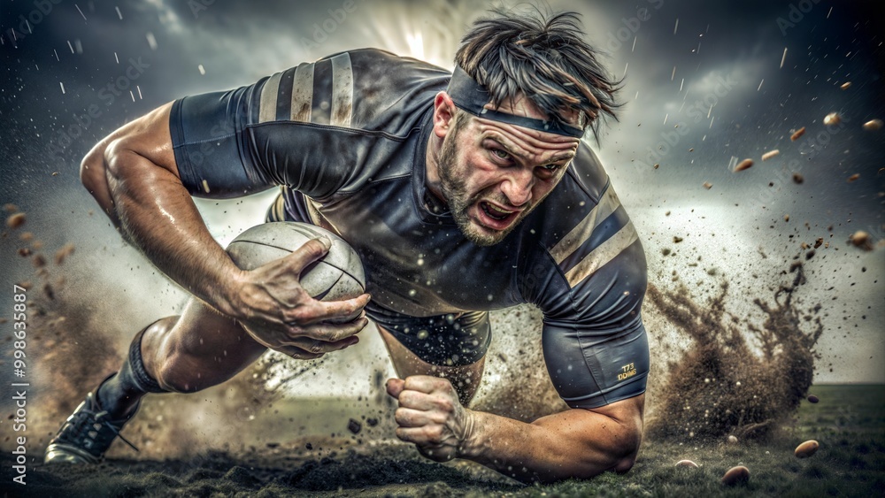 Fototapeta premium Intense Rugby Player Tackling in Muddy Field