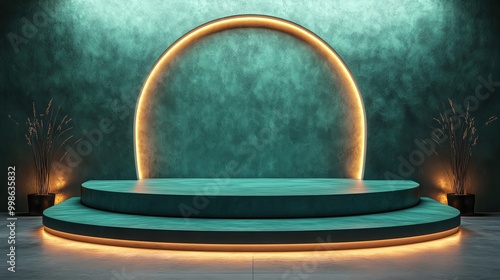 Stylish podium with glowing circle, set against a textured teal background, perfect for presentations or artistic displays.