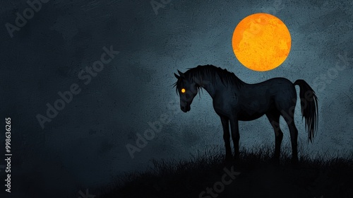 Black horse silhouette against dark sky with glowing orange moon. photo