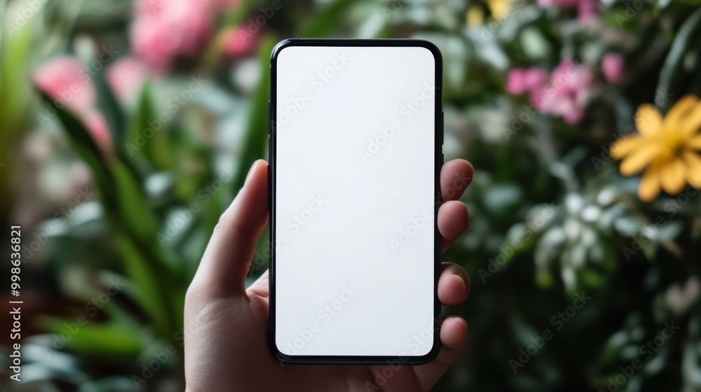 Hand holding smartphone with blank screen against a blurred background of green and pink flowers. Hand holding smartphone with blank screen against a blurred background of green and pink flowers.