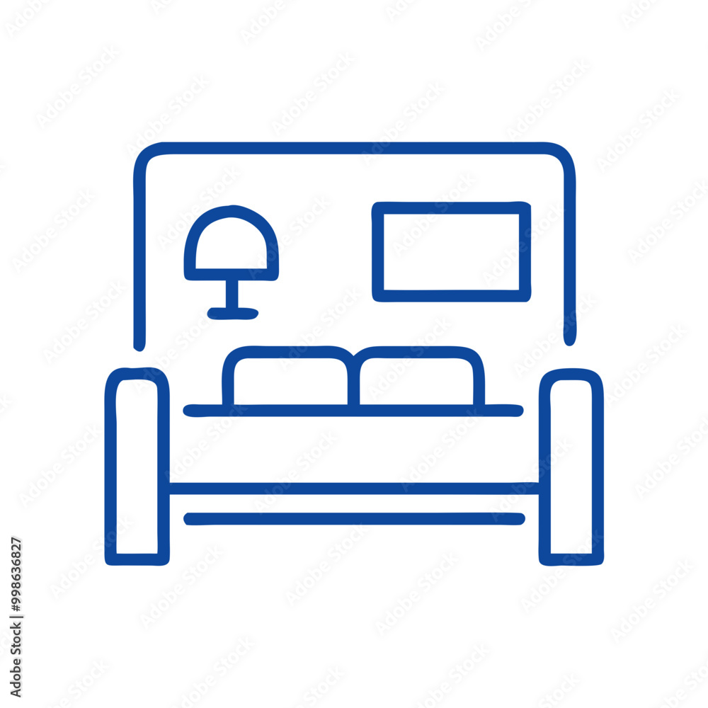 Simple blue vector hotel room icon featuring a sofa, lamp, and wall decor Simple blue vector hotel room icon featuring a sofa, lamp, and wall decor
