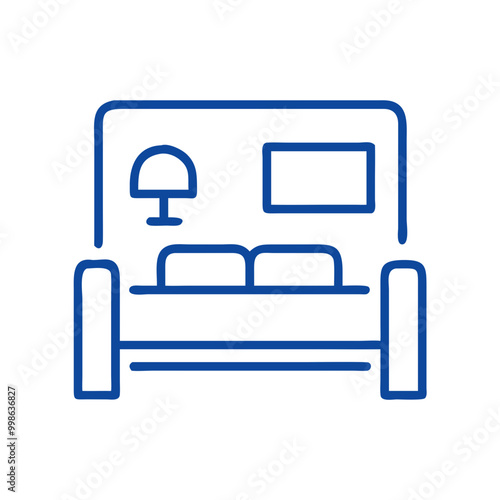 Simple blue vector hotel room icon featuring a sofa, lamp, and wall decor