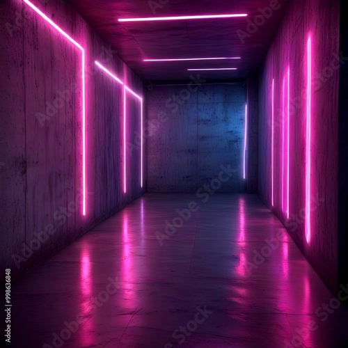 A long, dimly lit corridor with a glossy, reflective floor and walls adorned with pink neon lights