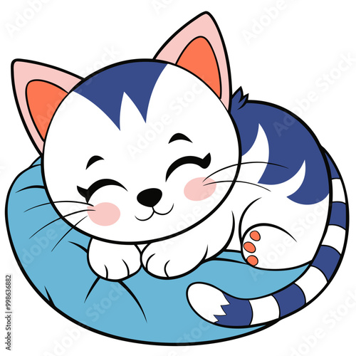 Sleepy kitten illustration cuddling on a soft pillow with a joyful expression