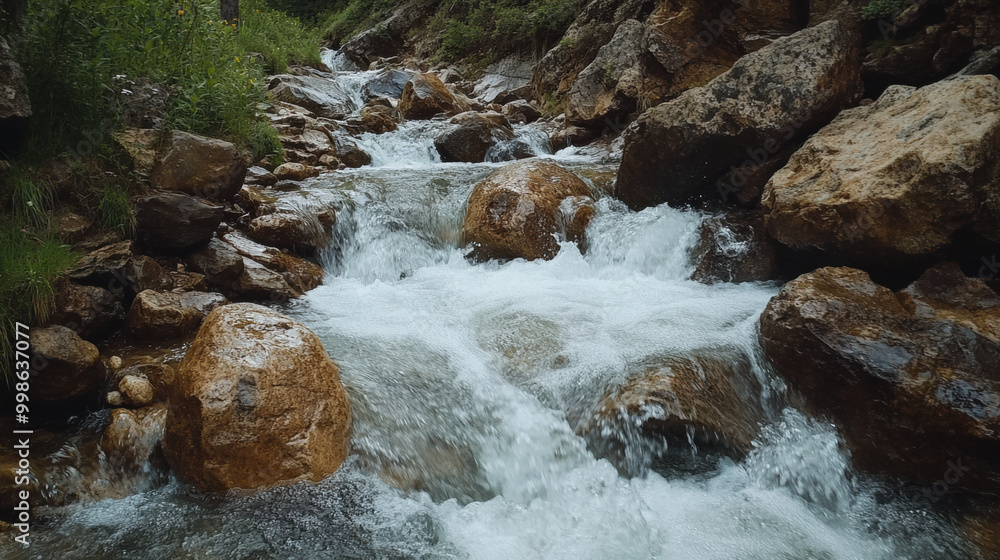 Fototapeta premium mountain stream flowing swiftly over rocks creates serene and refreshing atmosphere, showcasing beauty of natures water movement
