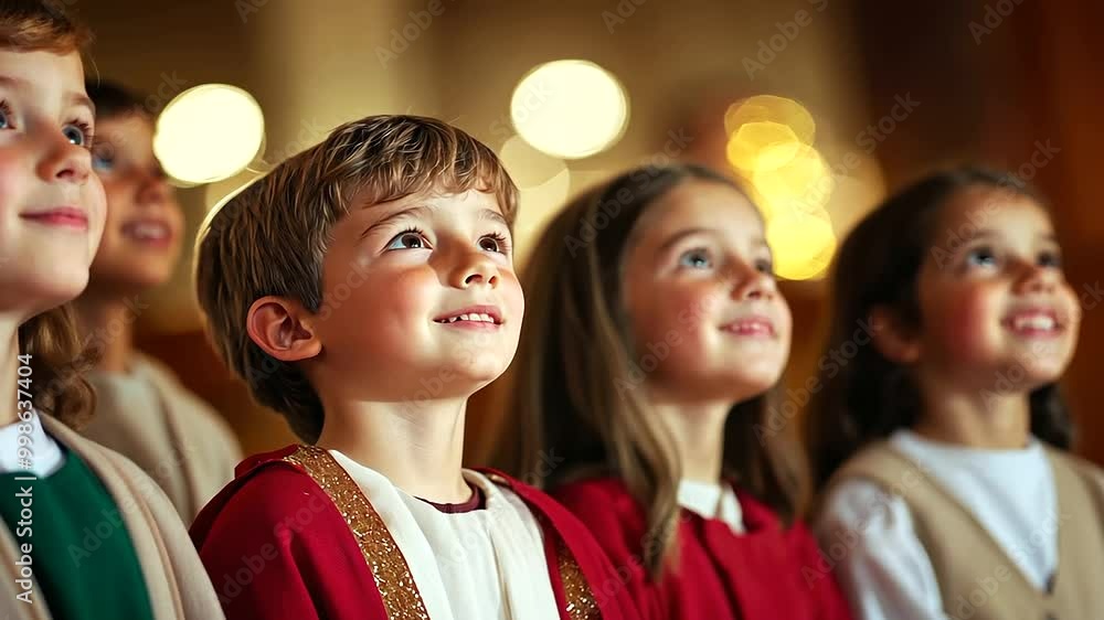 A church community hosting a Christmas pageant, where children dressed as angels, shepherds, and the Holy Family perform the nativity story. The church is filled with parents A church community hosting a Christmas pageant, where children dressed as angels, shepherds, and the Holy Family perform the nativity story. The church is filled with parents