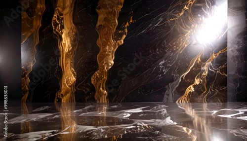 a marble floor with a reflective surface, flanked by a black marble wall with gold-colored vertical lines photo