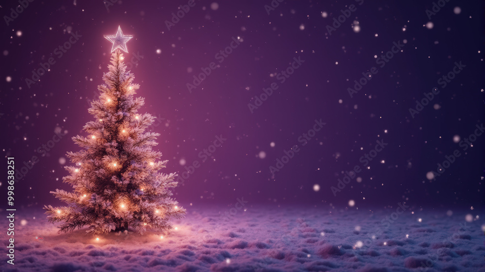 A festive Christmas tree lit with ornaments under gentle snowfall at night A festive Christmas tree lit with ornaments under gentle snowfall at night
