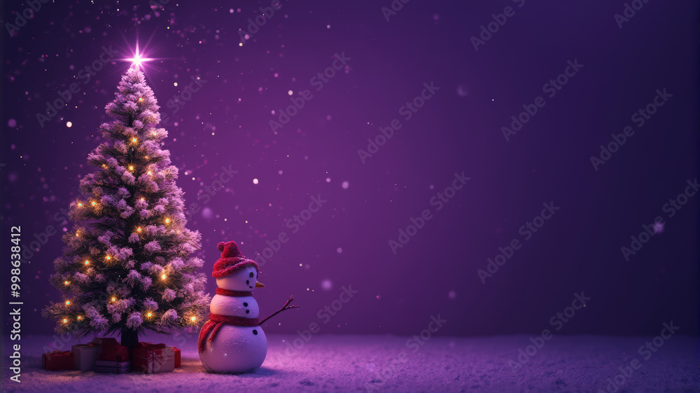 Fototapeta premium Snowy winter scene with a decorated Christmas tree and snowman at night