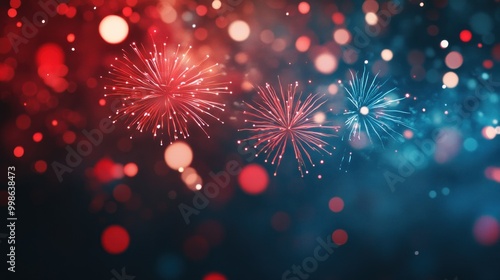 Red and blue firework bursts with bokeh lights in the background.