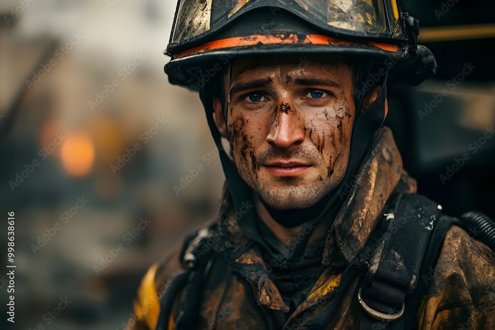 portrait of dirty firefighter man wearing his helmet and rescue uniform portrait of dirty firefighter man wearing his helmet and rescue uniform