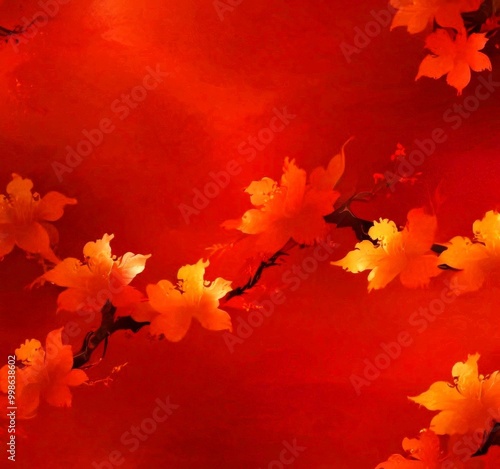 a vibrant red background with a repeating pattern of orange and yellow flowers, creating a warm and inviting atmosphere photo