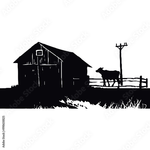 Monochromatic Silhouette of  Rustic Barn with Cow vector illustration