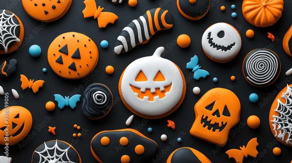 Colorful Halloween-themed cookies, various designs, isolated on a dark background. Colorful Halloween-themed cookies, various designs, isolated on a dark background.