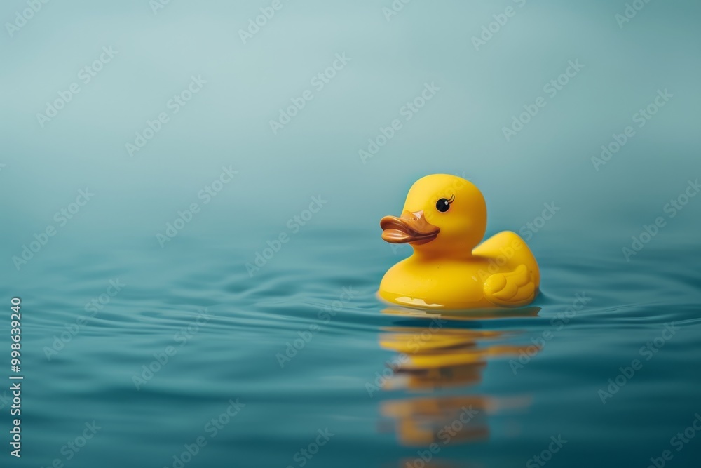 A bright yellow rubber duck floats on a serene blue water background. This playful scene evokes joy and nostalgia. Perfect for all ages. Generative AI A bright yellow rubber duck floats on a serene blue water background. This playful scene evokes joy and nostalgia. Perfect for all ages. Generative AI