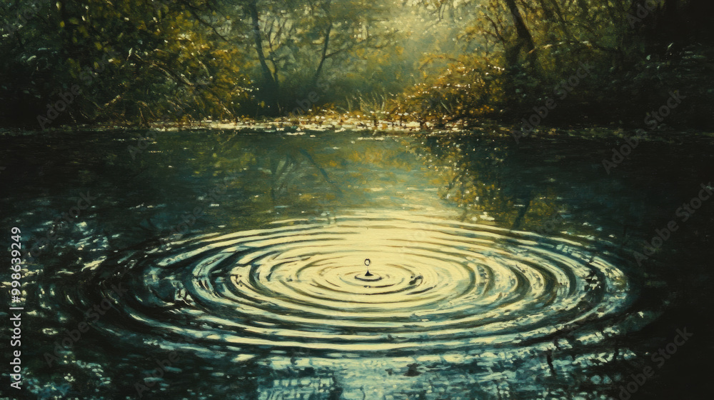 tranquil pond reflects serene beauty of nature, disturbed only by single drop of water creating ripples across surface. soft light enhances peaceful atmosphere tranquil pond reflects serene beauty of nature, disturbed only by single drop of water creating ripples across surface. soft light enhances peaceful atmosphere