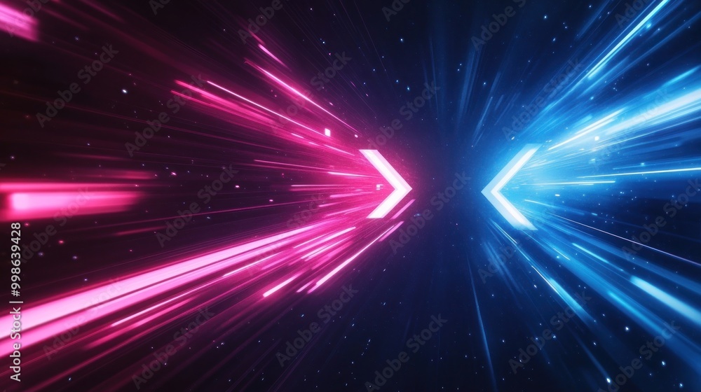 Fototapeta premium Abstract pink and blue neon light streaks with glowing white arrows in the center.