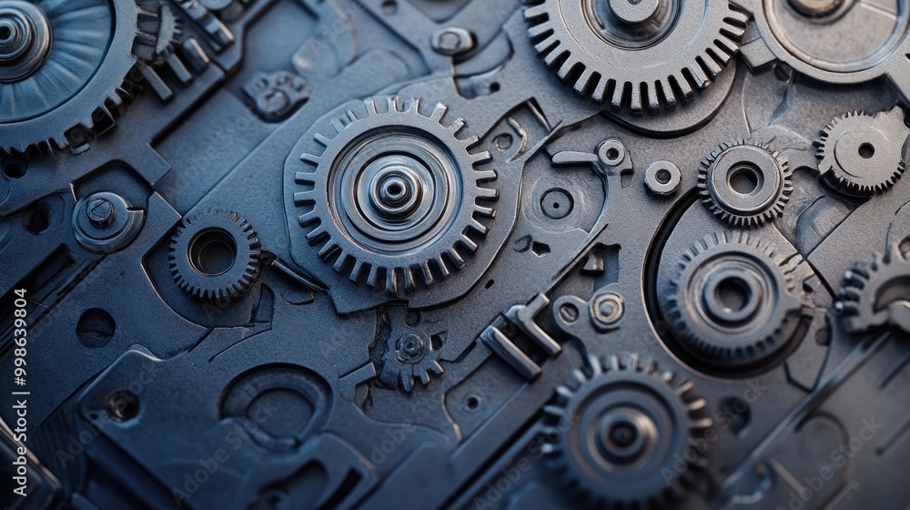 Close up of a complex metal gear system with cogs, shafts and intricate mechanisms. Close up of a complex metal gear system with cogs, shafts and intricate mechanisms.