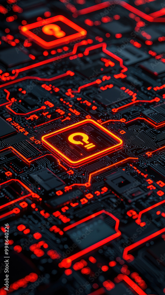 image features close up view of circuit board with glowing red elements, symbolizing technology and digital threats. intricate design evokes sense of mystery and caution in digital realm image features close up view of circuit board with glowing red elements, symbolizing technology and digital threats. intricate design evokes sense of mystery and caution in digital realm