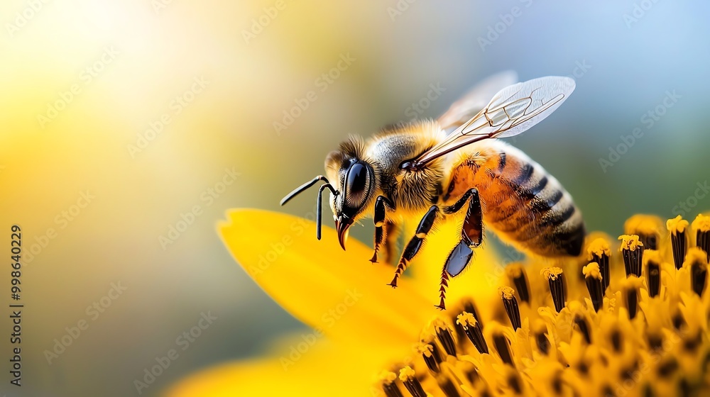 Close-up of a honeybee collecting pollen from a sunflower. Close-up of a honeybee collecting pollen from a sunflower.