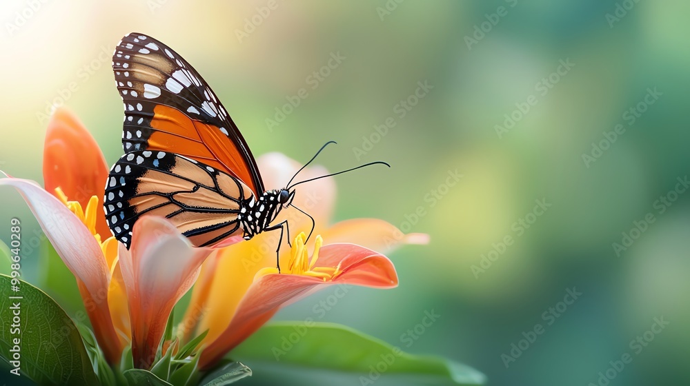 Fototapeta premium A Monarch butterfly perched on a vibrant orange lily flower, with a blurred green background.