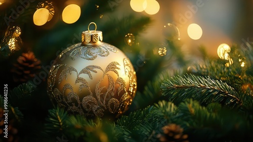 ornate christmas bauble with intricate golden patterns reflecting warm lights nestled among lush evergreen branches in festive holiday scene