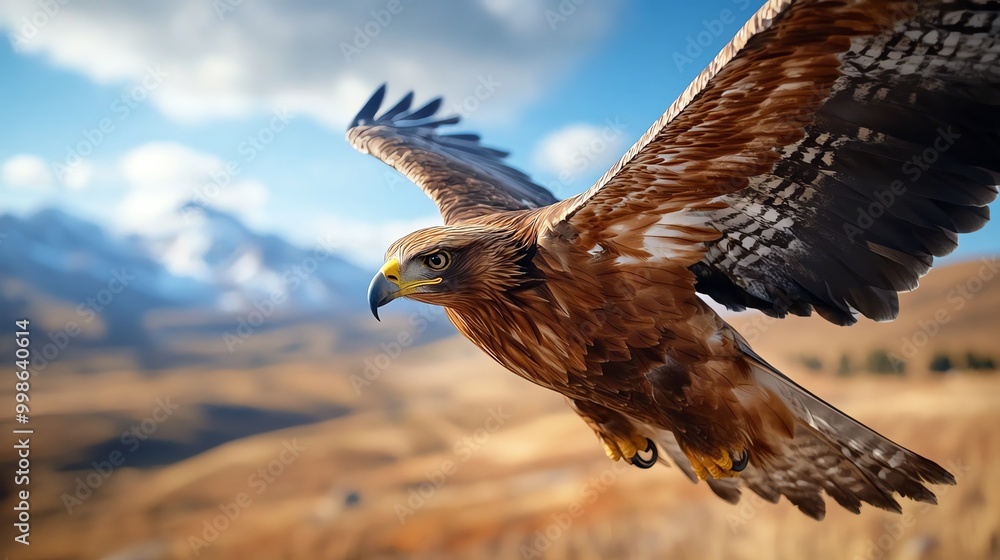 Obraz premium A majestic golden eagle soars through the sky above a rugged mountain landscape.