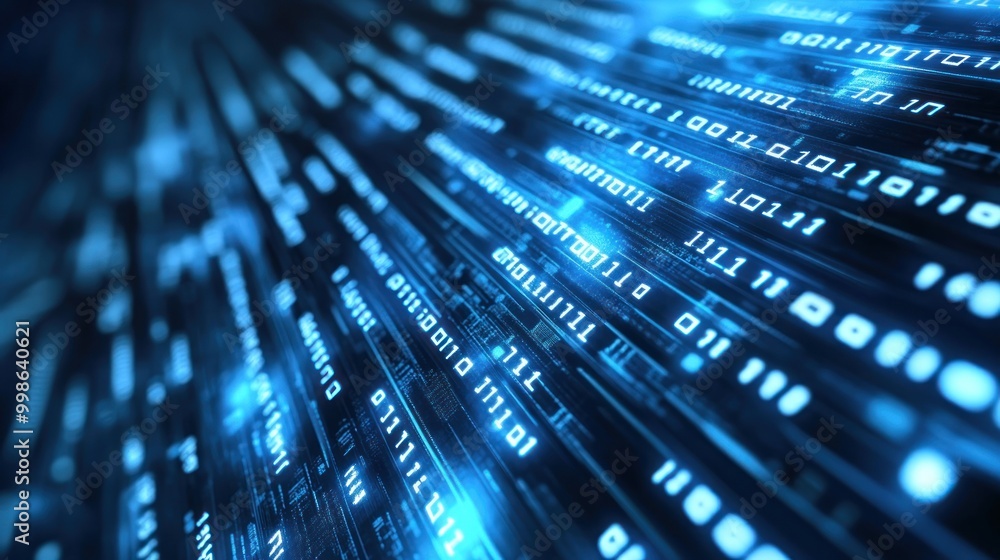 Abstract blue background of binary code with glowing digital numbers. Abstract blue background of binary code with glowing digital numbers.