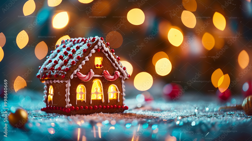 Gingerbread house with icing details surrounded by Christmas cookies and festive decorations Gingerbread house with icing details surrounded by Christmas cookies and festive decorations