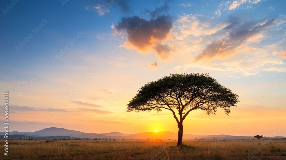 Silhouette of a lone acacia tree against a vibrant sunset over the African savanna. Silhouette of a lone acacia tree against a vibrant sunset over the African savanna.