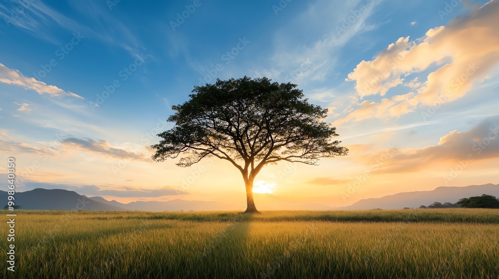 Silhouette of a lone tree against a vibrant sunset sky, with a field of golden grass in the foreground. Silhouette of a lone tree against a vibrant sunset sky, with a field of golden grass in the foreground.
