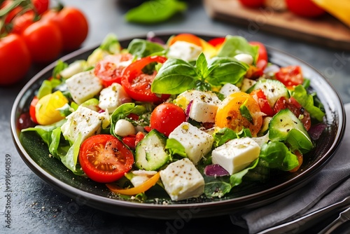 healthy and fresh salad full of tomatoes, cucumbers, feta cheese and other vegetables