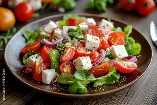 healthy and fresh salad full of tomatoes, cucumbers, feta cheese and other vegetables