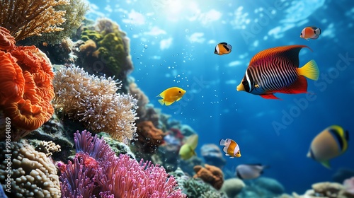 Vibrant coral reef teeming with colorful fish, showcasing the beauty and biodiversity of underwater ecosystems.