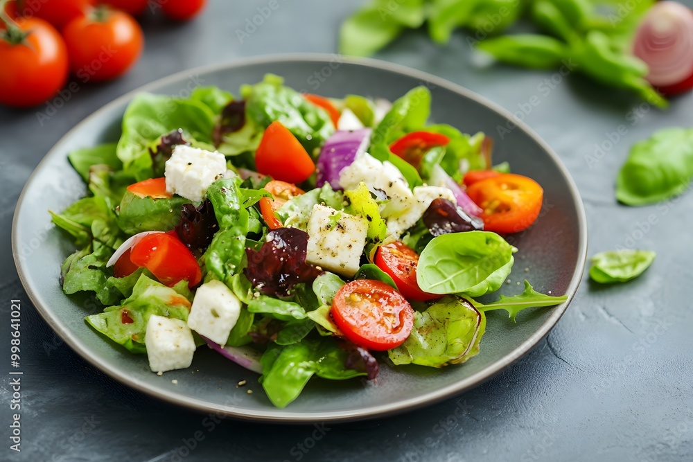 healthy and fresh salad full of tomatoes, cucumbers, feta cheese and other vegetables healthy and fresh salad full of tomatoes, cucumbers, feta cheese and other vegetables