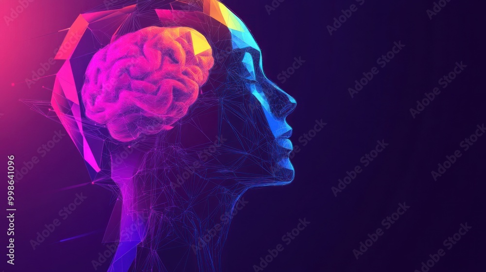 A futuristic and abstract human profile with a neon-colored brain visible through a mesh of glowing lines. A futuristic and abstract human profile with a neon-colored brain visible through a mesh of glowing lines.