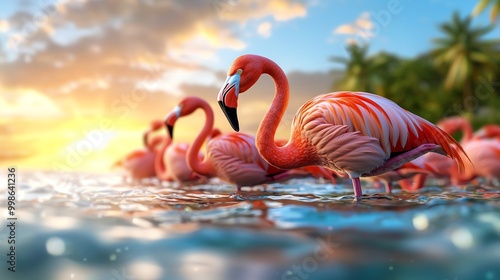 A flock of pink flamingos wading in shallow water at sunset with palm trees in the background.