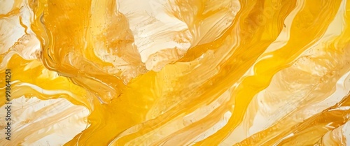 a close-up view textured surface with a vibrant yellow and white color palette The surface appears to be a painting or a mixed media artwork, with a sense of depth photo