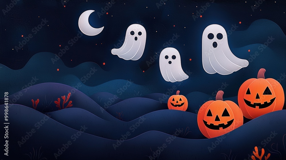 Ghosts and pumpkins in a spooky Halloween scene under a starry night sky. Ghosts and pumpkins in a spooky Halloween scene under a starry night sky.