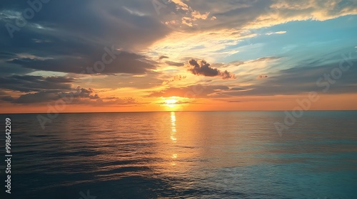 A vibrant sunset over the ocean with a bright orange sky and clouds reflecting on the water.