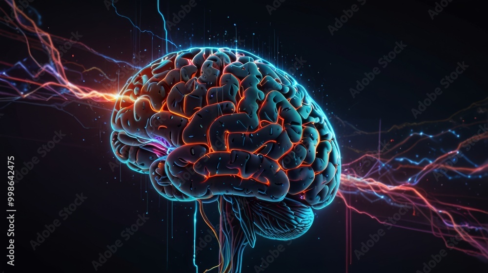 Obraz premium Human brain connected to digital interfaces, glowing neon data streams