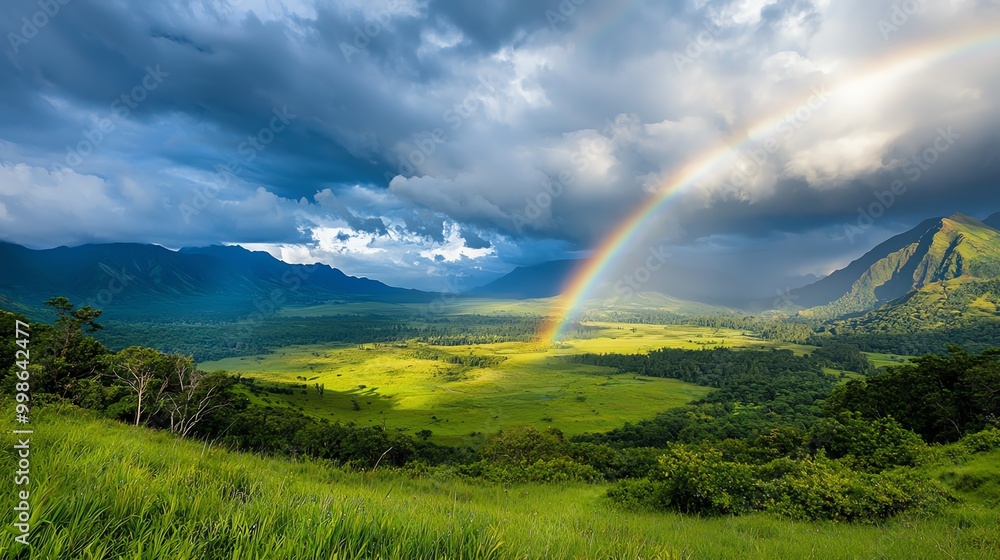 Panoramic view of a lush green valley surrounded by majestic mountains and a blue sky with fluffy clouds. Panoramic view of a lush green valley surrounded by majestic mountains and a blue sky with fluffy clouds.