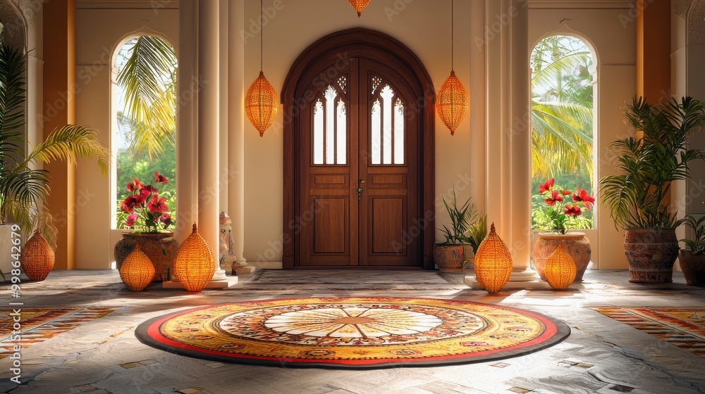 Obraz premium Traditional home decorated with Diwali lanterns, and a beautiful mandala rug covering the entrance floor